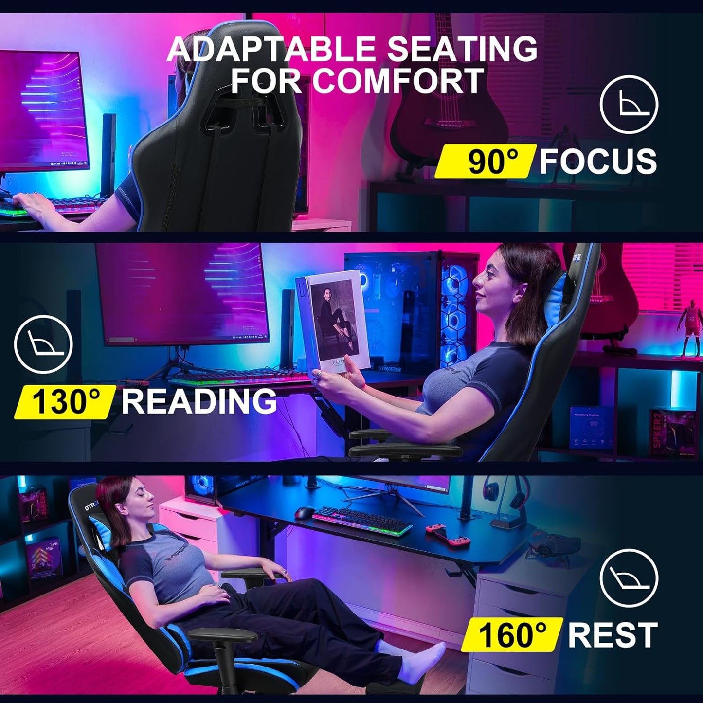 Gaming Chair with Footrest, Ergonomic Computer Game Desk Chair, Reclining Game Chair Seat Height Adjustment, Swivel Rocker with Headrest and Lumbar (Blue)