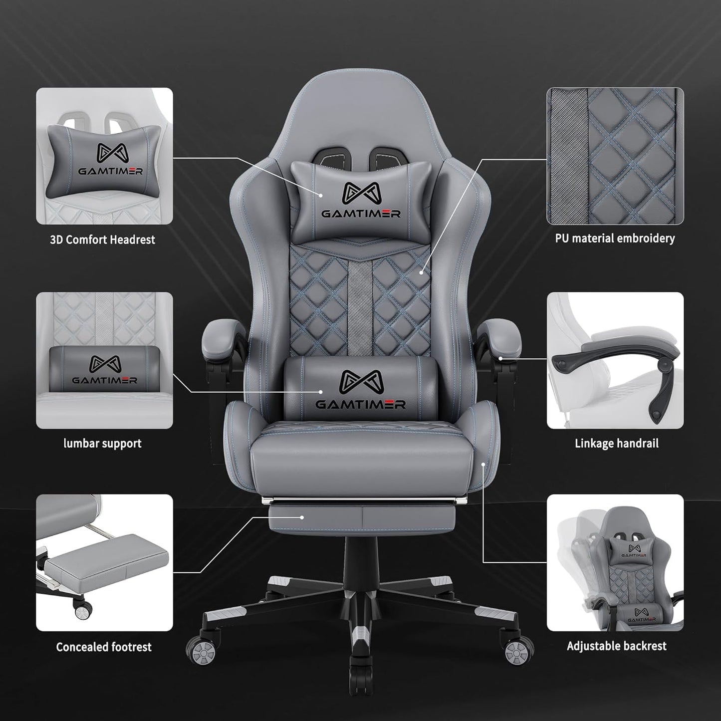 Gaming Chair,Computer Chair with Footrest and Lumbar Support,Breathable PU Leather,4D Lumbar Support and Headrest,360 Degree Swivel Chair with Adjustable Ergonomic Backrest for Adults(Grey)