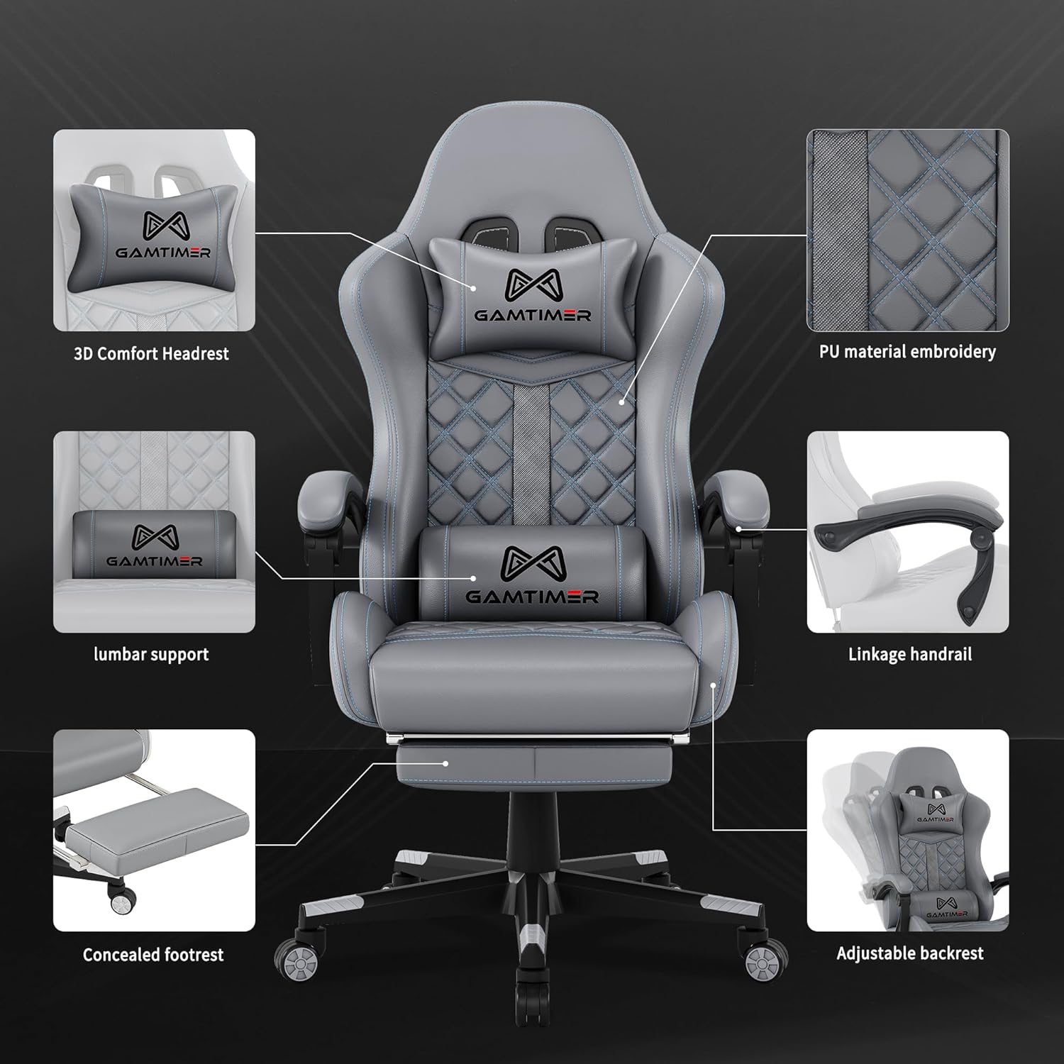 Gaming Chair,Computer Chair with Footrest and Lumbar Support,Breathable PU Leather,4D Lumbar Support and Headrest,360 Degree Swivel Chair with Adjustable Ergonomic Backrest for Adults(Grey)