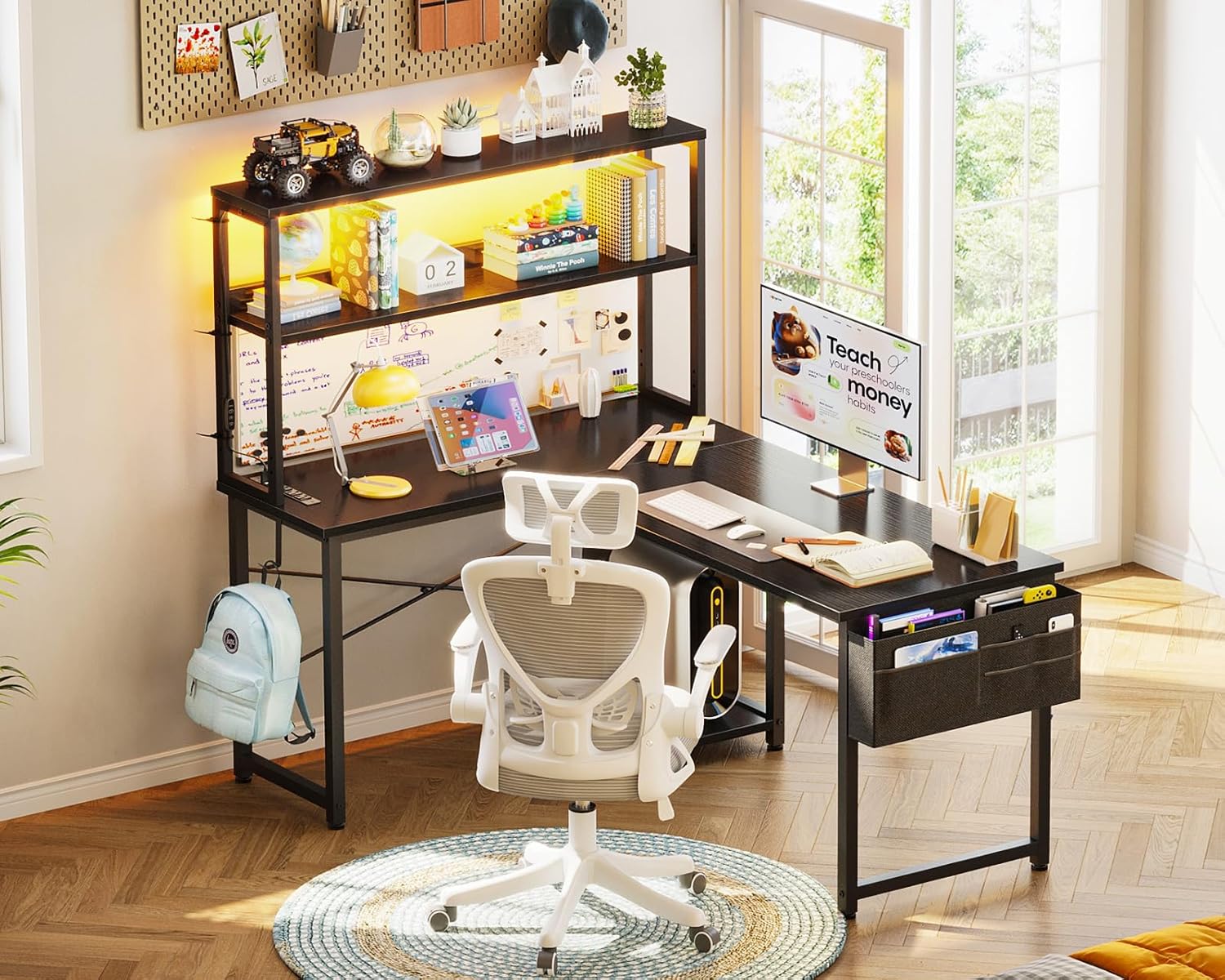 L Shaped Desk Gaming Desk with LED Light & Power Outlet, 43 Inch Reversible L Shaped Computer Table with Shelf, Corner Desk with Storage Bag&Hook for Home Office Desk, Black
