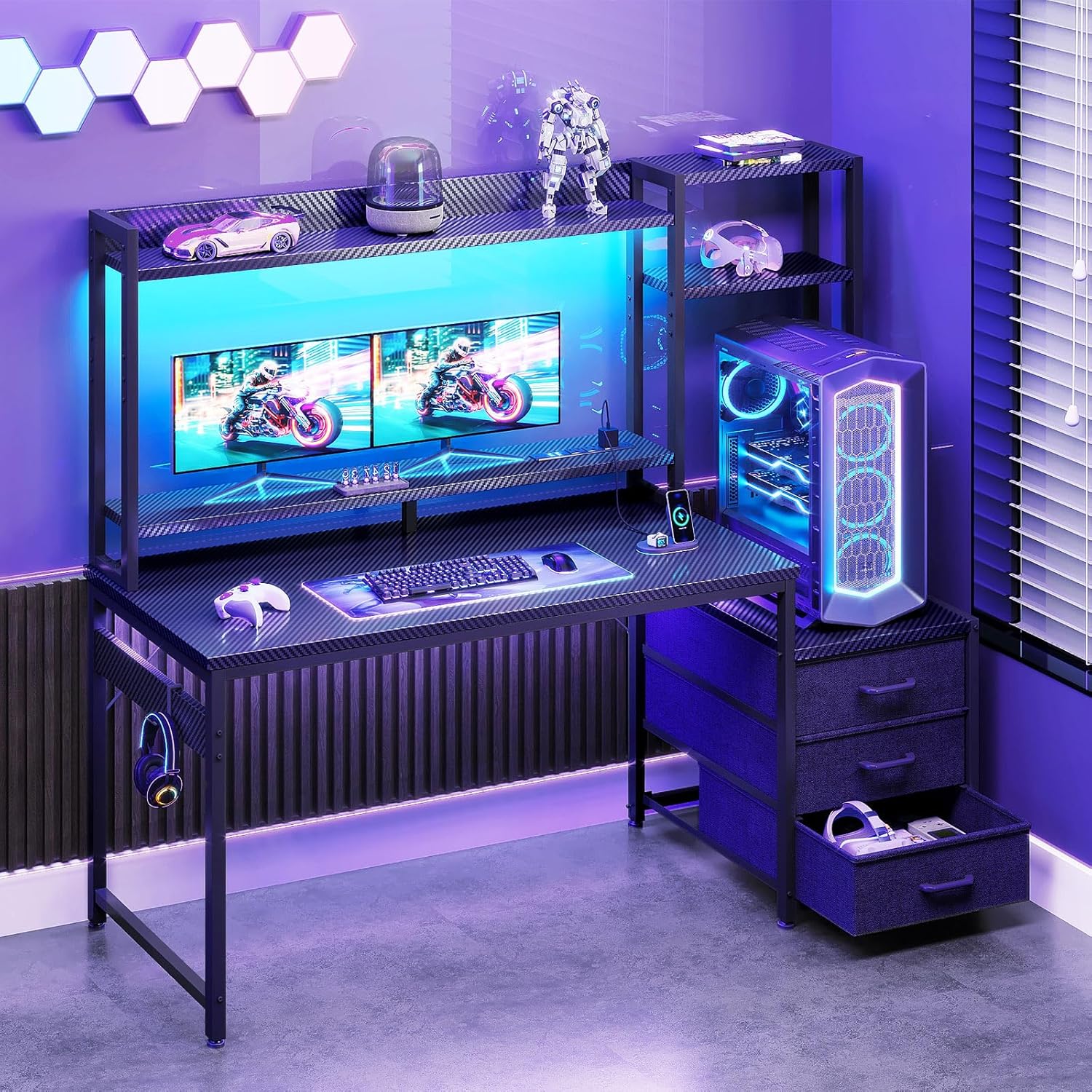 48 Inch Gaming Desk with Hutch, 3 Fabric Drawers, Monitor Stand, USB Ports & LED Lights, Reversible Design Computer Desk for Home Office, Black