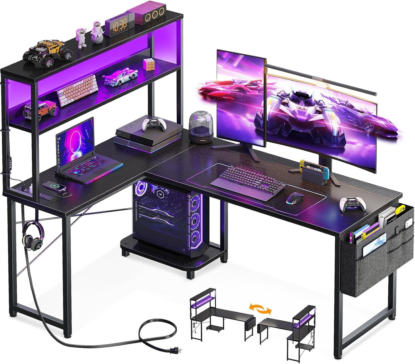 L Shaped Desk Gaming Desk with LED Light & Power Outlet, 43 Inch Reversible L Shaped Computer Table with Shelf, Corner Desk with Storage Bag&Hook for Home Office Desk, Black