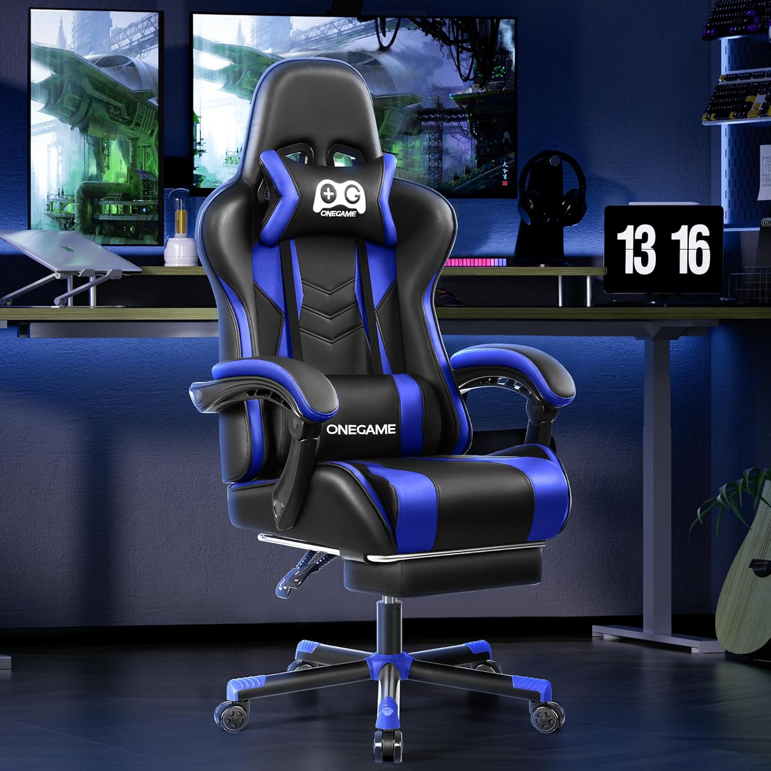 Gaming Chair with Footrest, High Back Computer Chair, PU Leather Comfortable Racing Chair, Ergonomic Home Office Chair, Height Adjustable Video Game Chair(Blackblue)