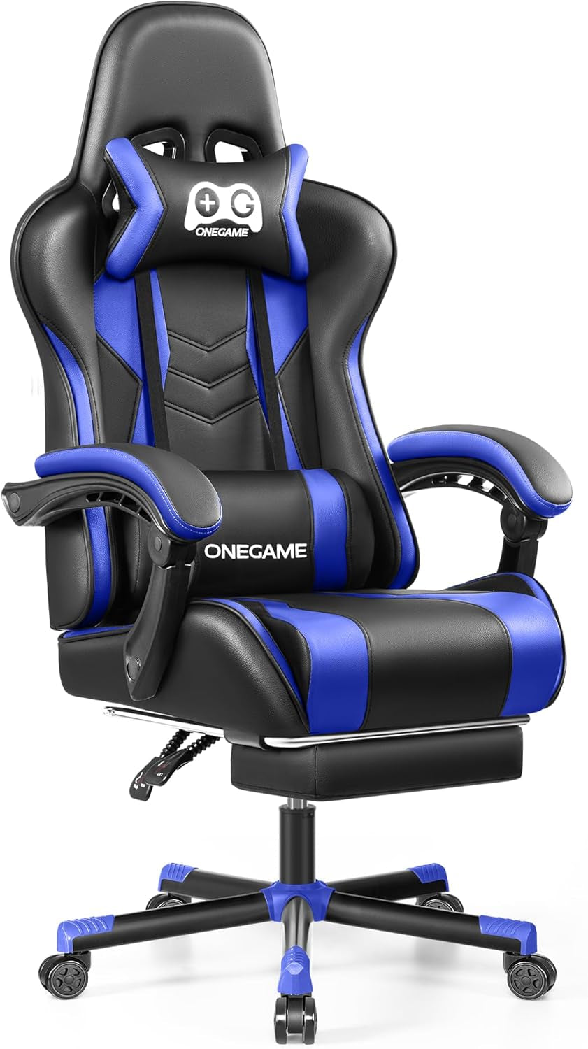 Gaming Chair with Footrest, High Back Computer Chair, PU Leather Comfortable Racing Chair, Ergonomic Home Office Chair, Height Adjustable Video Game Chair(Blackblue)