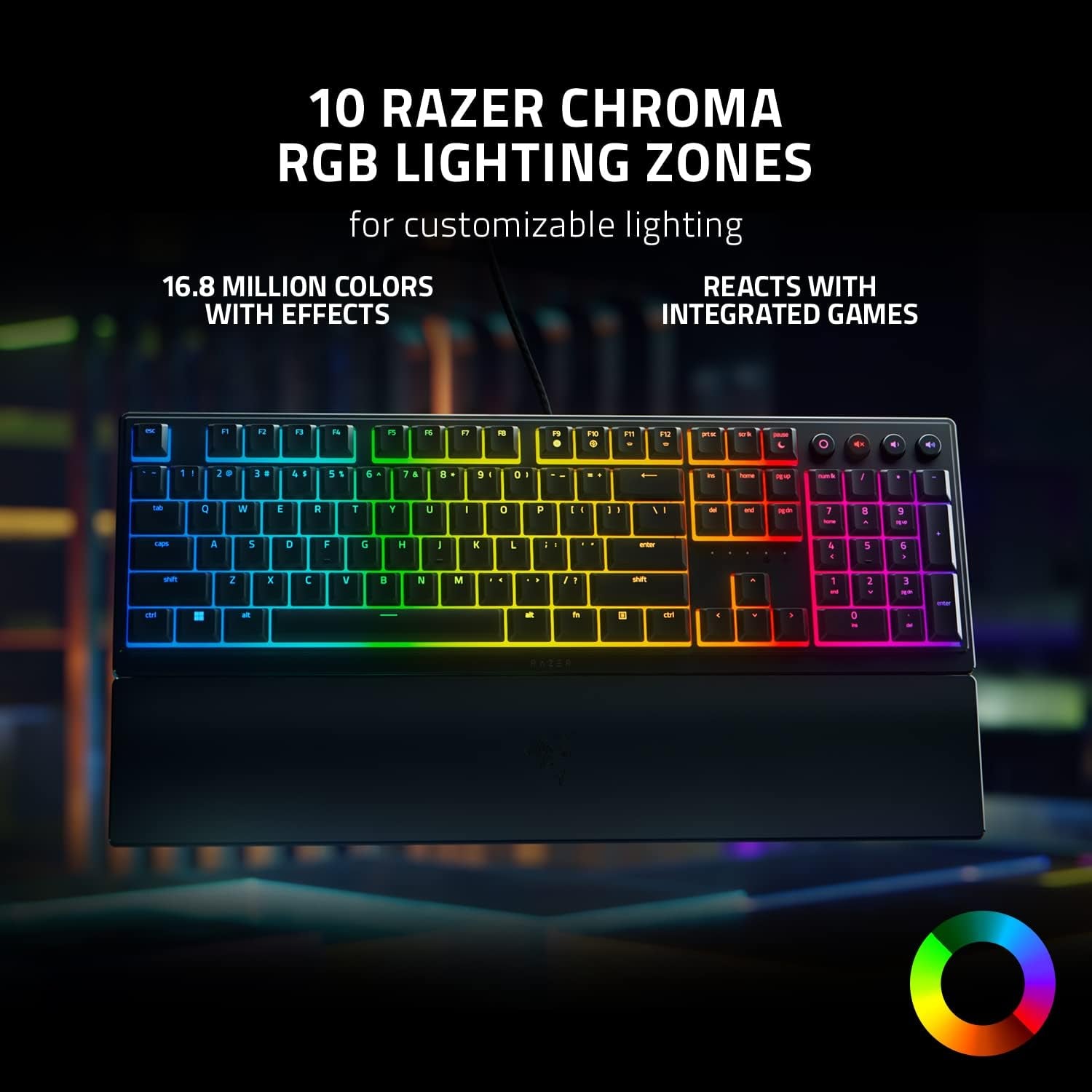 Ornata V3 Gaming Keyboard: Low Profile Keys - Mecha Membrane Switches - UV Coated Keycaps - Backlit Media Keys - 10 Zone RGB Lighting - Spill Resistant - Magnetic Wrist Wrest - Snap Tap