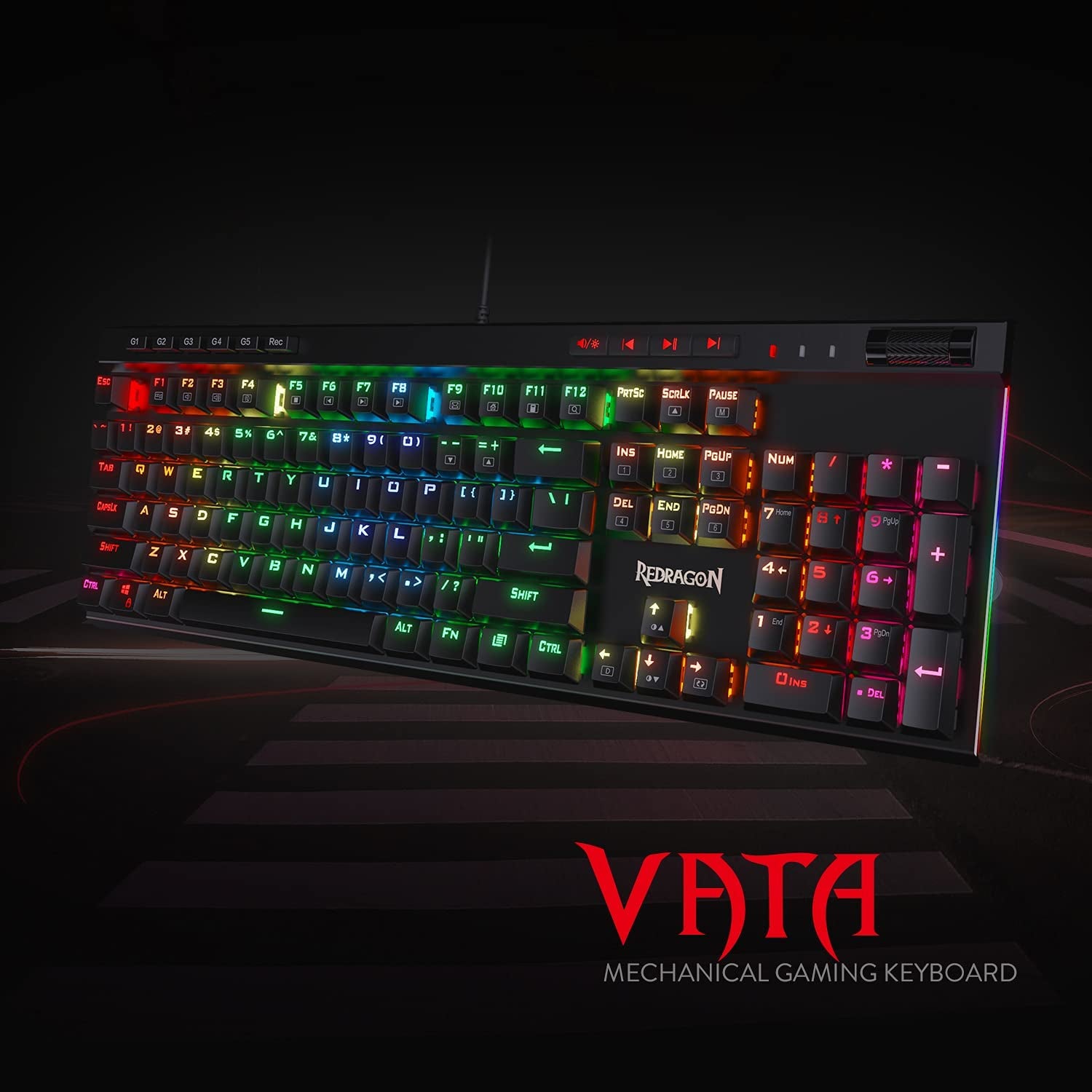 K580 VATA RGB LED Backlit Mechanical Gaming Keyboard with Macro Keys & Dedicated Media Controls, Hot-Swappable Socket, Onboard Macro Recording (Blue Switches)