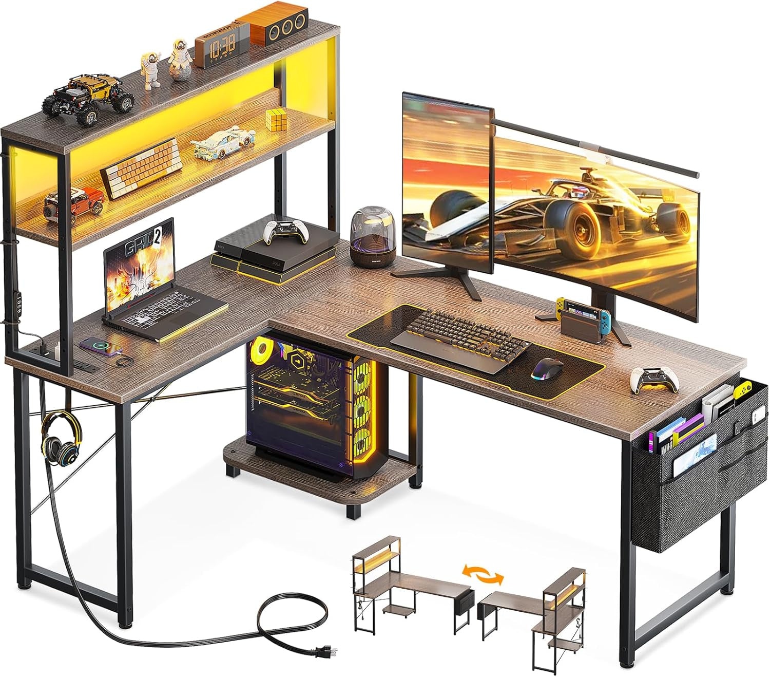 L Shaped Desk Gaming Desk with LED Light & Power Outlet, 43 Inch Reversible L Shaped Computer Table with Shelf, Corner Desk with Storage Bag&Hook for Home Office Desk, Black