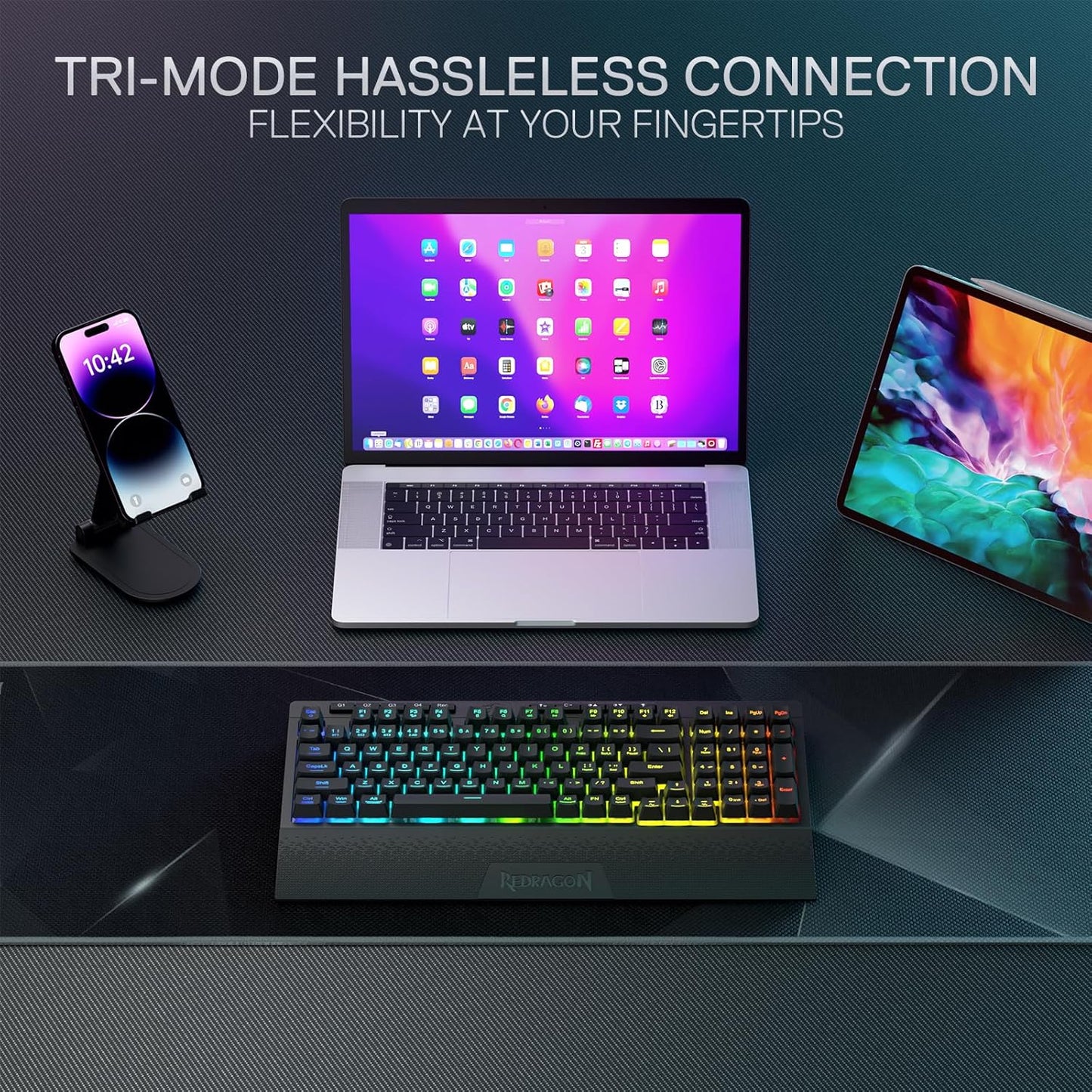 K515 PRO Shiva RGB Wireless Membrane Gaming Keyboard, 98 Keys Mechanical-Feel Keyboard W/Smooth Linear Switch, On-Board Macro & Multimedia Keys, Detachable Wrist Rest, Software Supported