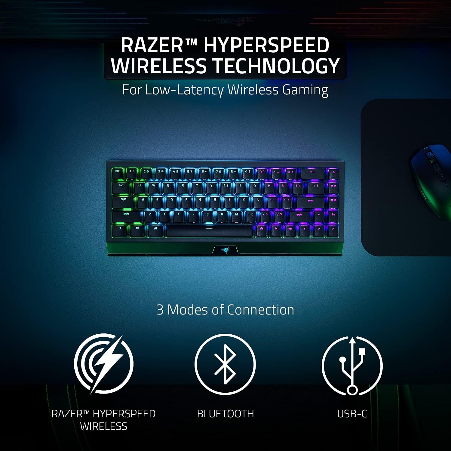Blackwidow V3 Mini Hyperspeed 65% Wireless Mechanical Gaming Keyboard: Yellow Mechanical Switches Linear & Silent - Phantom Pudding Keycaps - Chroma RGB - up to 200 Hr Battery - Snap Tap