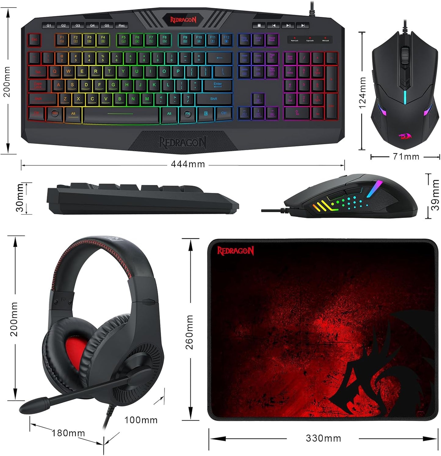 S101-3 Wired RGB Backlit Gaming Keyboard and Mouse Combo, Programmable Keyboard and Mouse (800-7200DPI), Gaming Headset Mouse Pad Combo All in 1 PC Gamer Bundle for Windows PC (Black)